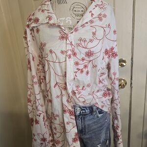 Floral Red and White Button Down Shirt